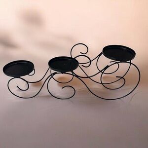 Vintage Black 3 Candle Holder Centerpiece Wrought Iron Filigree Scroll Design